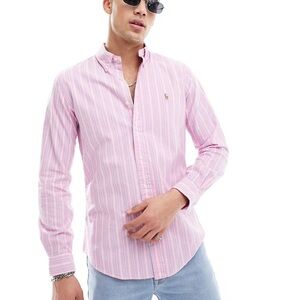Polo Ralph Lauren icon logo stripe lightweight oxford shirt in pink/blue